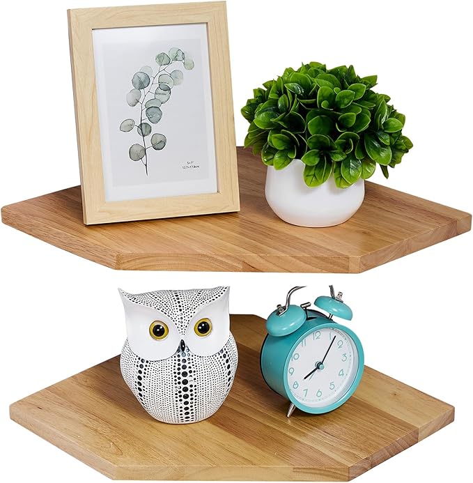 Corner Wall Shelves, Corner Floating Shelves Set of 2 Solid Oak Wood Display Shelf with Wire Hole Small Plant for Kitchen Living Room