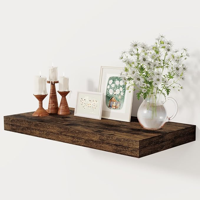 12 Inch Deep Floating Shelves, 24 x 12 Floating Shelf for Books, Rustic Wood Deep Wall Shelves for Home Storage & Display, 2
