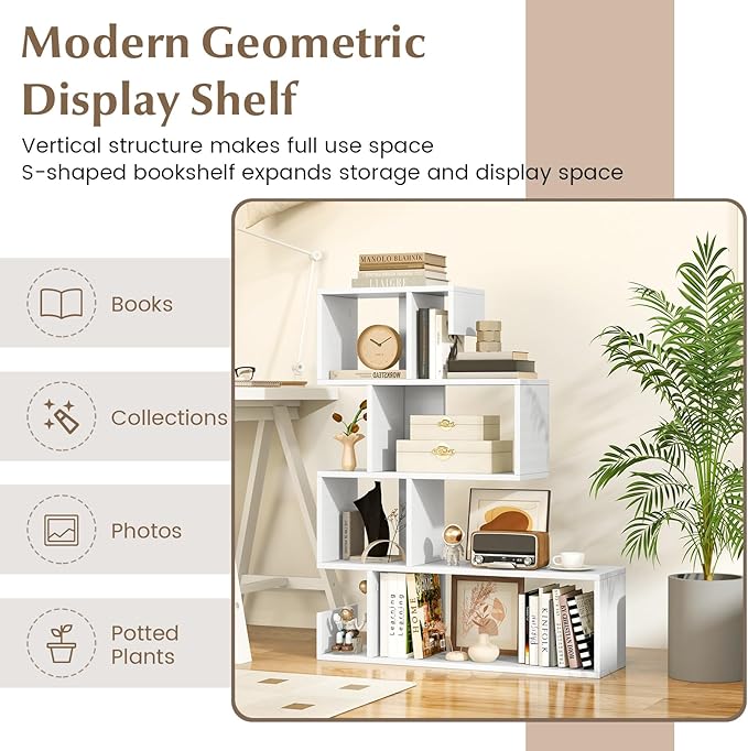 Giantex 5-Tier S-Shaped Bookshelf, Geometric Bookcase w/Open Cubes, Modern Decorative Display Shelf w/Anti-Toppling Kits, Freestanding Storage Rack for Living Room, Study, Home, Office (2, White)