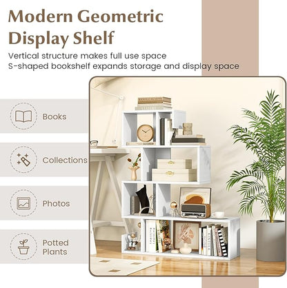 Giantex 5-Tier S-Shaped Bookshelf, Geometric Bookcase w/Open Cubes, Modern Decorative Display Shelf w/Anti-Toppling Kits, Freestanding Storage Rack for Living Room, Study, Home, Office (2, White)