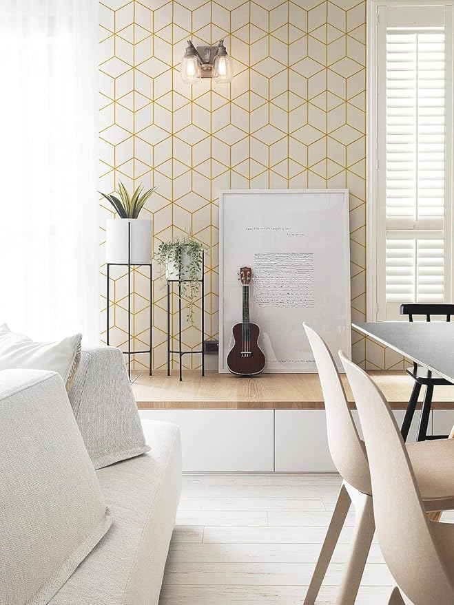 Safiyya 393"x17.3" Peel and Stick Wallpaper Gold and White Contact Paper Geometric Wallpaper White Removable Wallpaper for Bedroom Vinyl Rolls