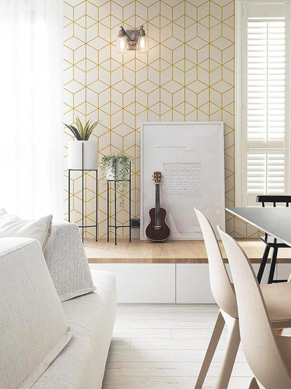 Safiyya 393"x17.3" Peel and Stick Wallpaper Gold and White Contact Paper Geometric Wallpaper White Removable Wallpaper for Bedroom Vinyl Rolls