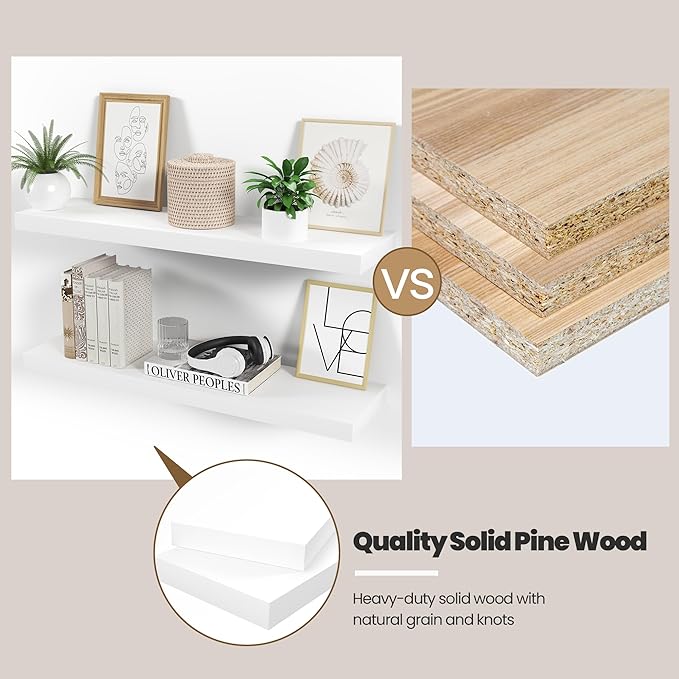 Vivelove Wooden Floating Shelves for Wall 24” x 8”x 1.4”, Solid Wood Shelf with Invisible Brackets, Deep Wall Shelves for Bathroom, LivingRoom, Kitchen, Bedroom, Modern Home Decor, Set of 2 - White