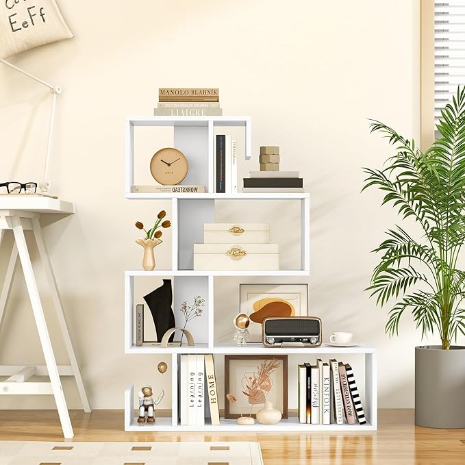Giantex 5-Tier S-Shaped Bookshelf, Geometric Bookcase w/Open Cubes, Modern Decorative Display Shelf w/Anti-Toppling Kits, Freestanding Storage Rack for Living Room, Study, Home, Office, White