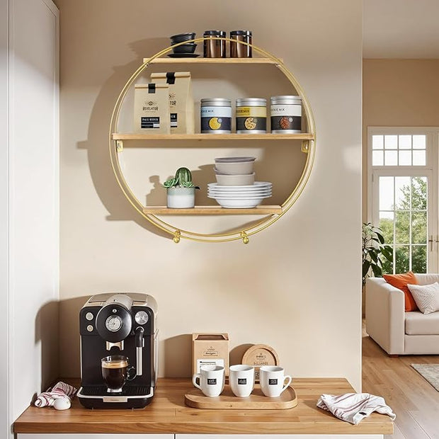 Round Wall Shelf Gold, 3 Tier Metal & Wood Circle Shelf Set, Round Shelves Wall Decor for Living Room,Bedroom,Bathroom (Gold)