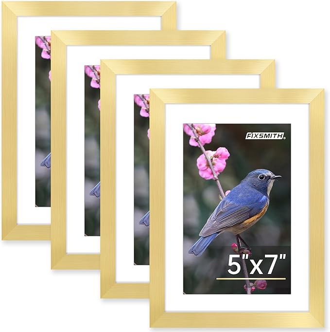 FIXSMITH 5x7 Picture Frame Bulk-4 Pack, Gold Picture Frames Collage Wall Decor, Wall & Tabletop Picture Frames, Photo Frame with HD Plexiglass, Display Pictures 4x6 with Mat or 5x7 Without Mat