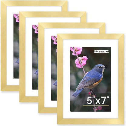 FIXSMITH 5x7 Picture Frame Bulk-4 Pack, Gold Picture Frames Collage Wall Decor, Wall & Tabletop Picture Frames, Photo Frame with HD Plexiglass, Display Pictures 4x6 with Mat or 5x7 Without Mat