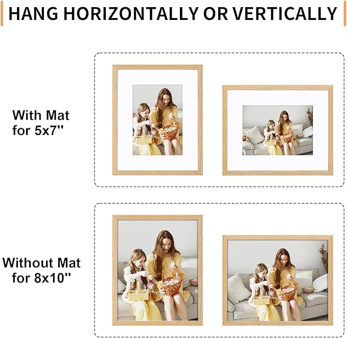 8x10 Picture Frame Set of 4, Displays 5x7 with Mat or 8x10 Without Mat, Photo Frames for Wall Hanging or Tabletop, Includes HD Plexiglass, Light Wood Grain