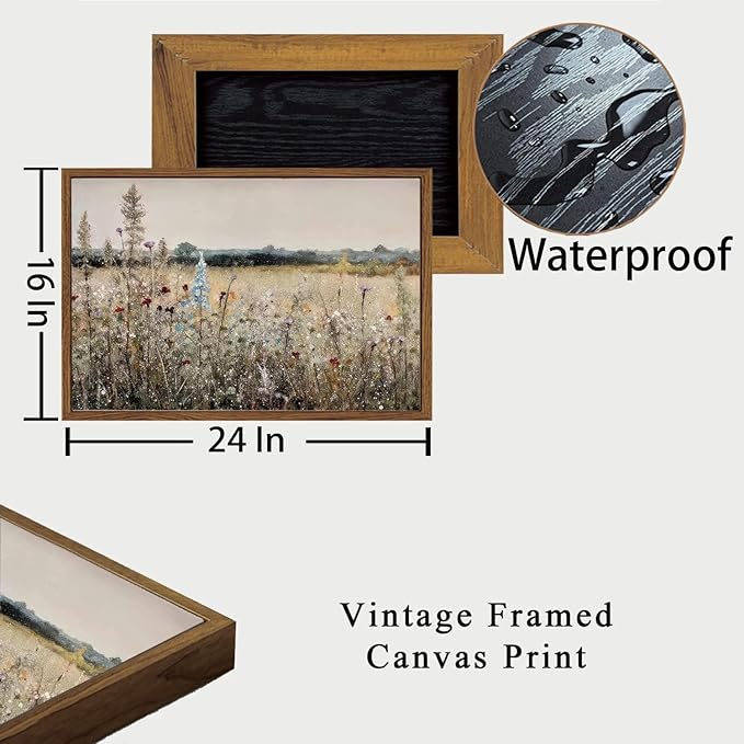 OIQArtOIQ Vintage Wildflowers Landscape Wall Art Framed Floral Natural Scenery Oil Painting Canvas Prints Country Farmhouse Decor Pictures Kitchen Bedroom Living Room Bathroom