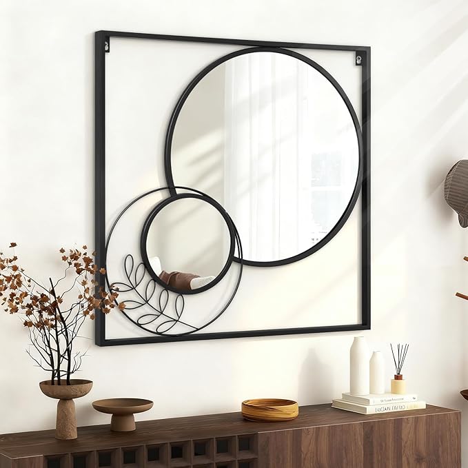 Black Square Mirror, Round Wall Mounted Mirror Set Circle Modern Decorative Mirrors for Living Room Bedroom Entryway 24x24 Inch Decor
