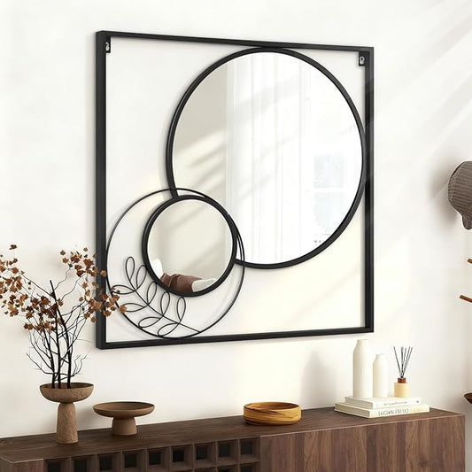 Black Large Square Mirror, Round Wall Mounted Mirror Set Circle Modern Decorative Mirrors for Living Room Bedroom Entryway 30x30 Inch Decor