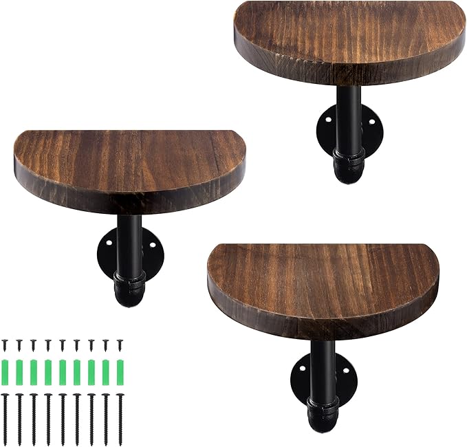 Navaris Industrial Pipe Shelf Set - 3 Small Rounded Wood Shelves with Shelf Brackets - 7.9