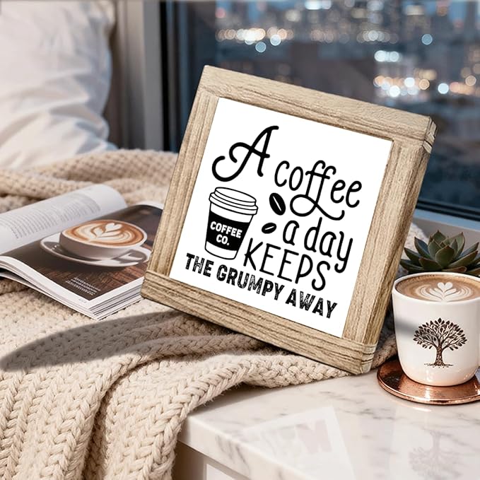 Funny Coffees Decor Sign A Coffee A Day Keeps The Grumpy Away Vintage Coffees Signs Funny Wood Wall Decor Farmhouse Cafe Sign Wall Decoration For Kitchen Office Bar Gift For Coffee Lovers 5.9x5.9 Inch