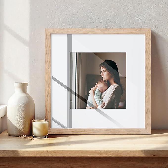 puthiac 8x8 Solid Oak Wood Picture Frame, Fits 4x4 with Mat or 8x8 Without Mat, Wall or Tabletop Display with Stand, Plexi Front, 3 Pack, Natural Oak