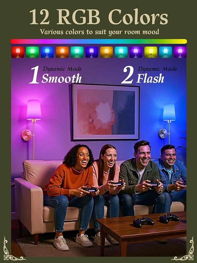 Battery Operated Wall Sconces Set of 2, Bronze Cordless Wall Lights with Rechargeable Magnetic Bulbs and Remote, Dimmable & 15 RGB Colors Wall Lamps for Bedroom Living Room Hallway 23Inch