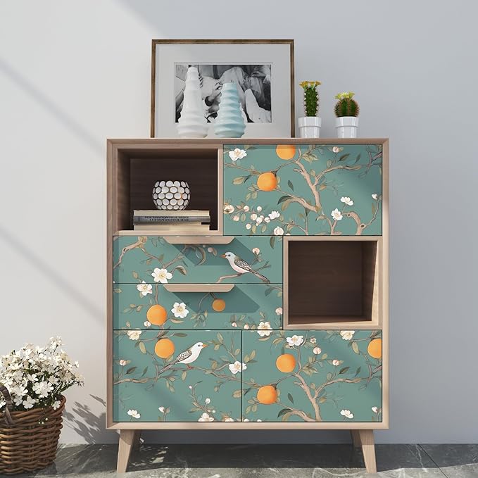 Green Floral Wallpaper Peel and Stick, Birds Contact Paper Orange Fruits,White Flowers Botanical Boho Wall Paper Self Adhesive Waterproof Removable for Room Shelves Cabinet Drawer Table 17.5" x 118"