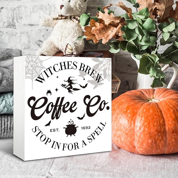 Halloween Coffee Bar Decor, Rustic Box Sign Tabletop, Coffee Bar Decor, Halloween Home Decoration, Farmhouse Decoration for Shelf 5 * 5inch