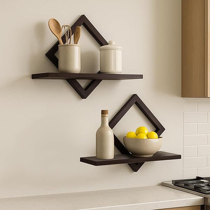 Floating Shelves for Wall,Decorative Wall Shelf,Hanging Shelf for Plants Storage Display Holder,Indoor Decor for Living Room Home Office Bathroom Bedroom,Solid Wood,Diamond Shaped,2 Pack(Walnut)