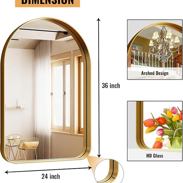 Arched Bathroom Mirror - 36x24 Inch Gold Bathroom Mirror for Wall - Aluminum Alloy Framed Mirror - Arched Top Bathroom Vanity Mirror for Living Room, Bedroom, Mantel, Entryway, and Hallways