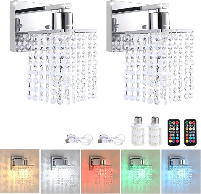 Set of 2 Crystal Battery Operated Wall Sconce,Rechargeable Wall Lamp with 5200mAh Battery & Remote Control, Modern Dimmable Wireless Wall Lights for Bedroom Bathroom (Clear, Silver Base)