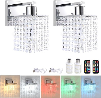 Set of 2 Crystal Battery Operated Wall Sconce,Rechargeable Wall Lamp with 5200mAh Battery & Remote Control, Modern Dimmable Wireless Wall Lights for Bedroom Bathroom (Clear, Silver Base)