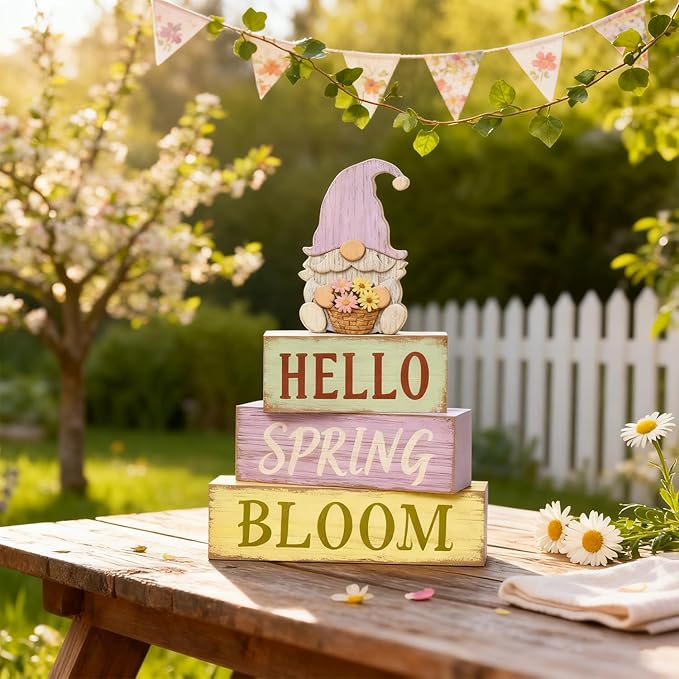Spring Decoration Wooden Tiered Tray Decor – Rustic Hello Spring Bloom Gnome Stacked Block Sign with Flower Basket Topper – Farmhouse Tabletop Spring Decor for Living Room Shelf Kitchen Coffee Bar Seasonal Home Display