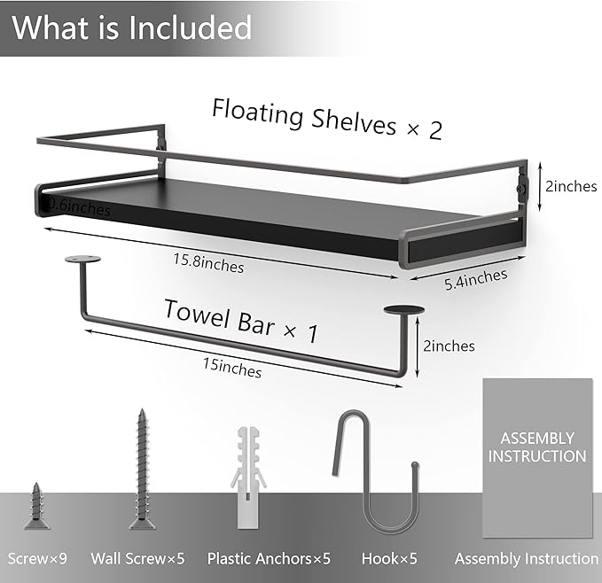 Wall Decor Floating Shelves, Home Decor with Towel Bar/Hooks, Wall Shelves for Bathroom/Living Room/Kitchen/Bedroom, (Black-Black) Floating Bathroom Shelves