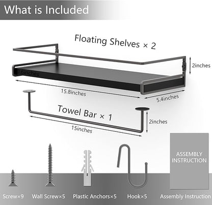 Wall Decor Floating Shelves, Home Decor with Towel Bar/Hooks, Wall Shelves for Bathroom/Living Room/Kitchen/Bedroom, (Black-Black) Floating Bathroom Shelves