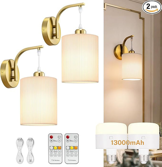 Battery Operated Wall Sconce Set of Two, Pleated Fabric Rechargeable Wireless Wall Sconces with 13000mAh Bulb & Dimmable, Battery Sconces Wall Light Decor Set of 2 for Living Room, Gold