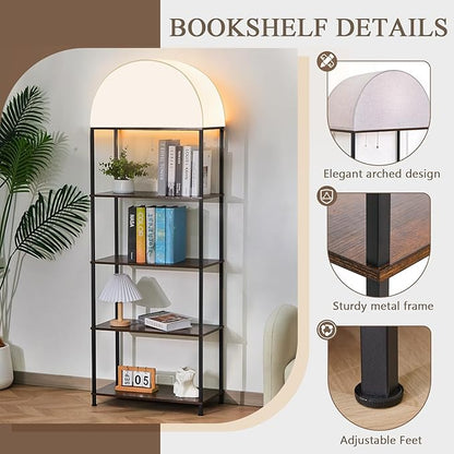 Lighted Arched Bookshelf, 4 Tier Arch Bookcase with Lights, Tall Book Shelf for Ornaments/CDs, Display Storage Shelves for Bedroom/Living Room/Home/Office, Rustic Brown