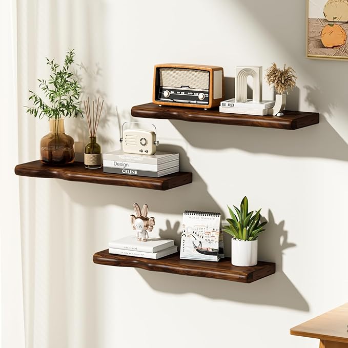 Floating Shelves for Wall Rustic Farmhouse 24 Inch Floating Shelf Bathroom Wooden Shelves for Wall Mounted Live Edge Pine Wall Shelf with Unique Natural Grain for Living Room Bedroom Kitchen (Walnut)