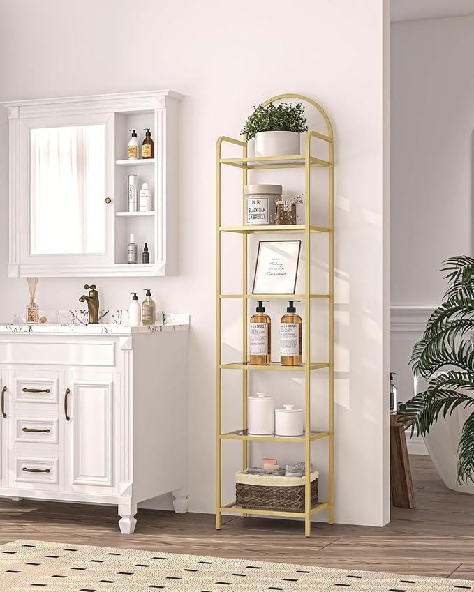 Bookcase Bookshelf, Tempered Glass Bookshelves, Slim Shelving Unit for Bedroom, Bathroom, Home Office, Steel Frame, 6 Tier Gold BC10601G