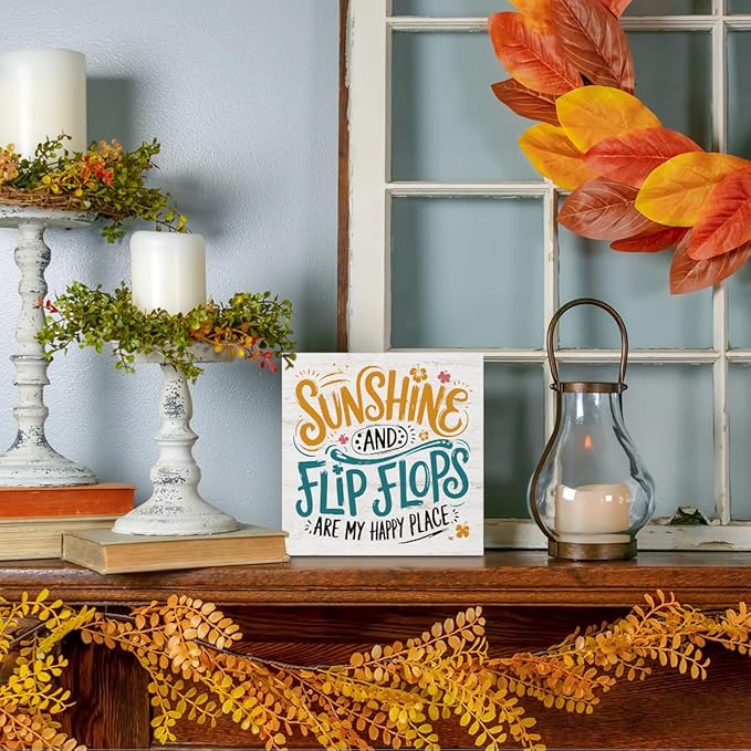 Sunshine Gifts for Women Men, Summer Themed Wood Box Sign Desk Decor, Sunshine and Flip Flop Beach Decorative Signs for Home Office Living Room Table Shelf Cubicle