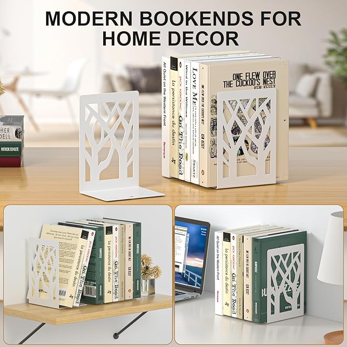 White Bookends 4 Pieces, Tree Design Modern Metal Bookends for Shelves, Unique Tree Book Ends Decorative Book Organizer for Desk, Decorative Shelve Book Stopper for Home Office