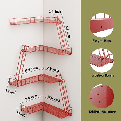 Fire Escape Wall Shelf - Modern City Style 4-Tier Corner Wall Shelves, Easy to Install Metal Ladder Shelf for Figures, New York Decorative Shelves for Bathroom, Living Room & Home Decor, Red