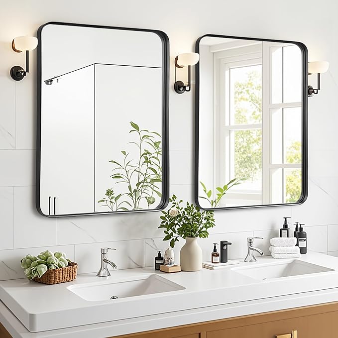 24x30 Inch Black Metal Framed Mirror - Black Bathroom Mirror for Over Sink, Matte Round Corner Rectangle Vanity Mirror for Restroom, Bedroom, Entryway, Hanging Vertically or Horizontally