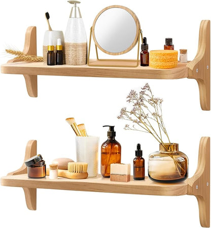 Wooden Floating Shelves for Wall, 23.6" W x 6" D x 0.8" H Large Wall Shelves, Hanging Storage Shelf with Sturdy Brackets for Living Room, Kitchen, Bathroom, Bedroom Decor, Natural, 2 Packs