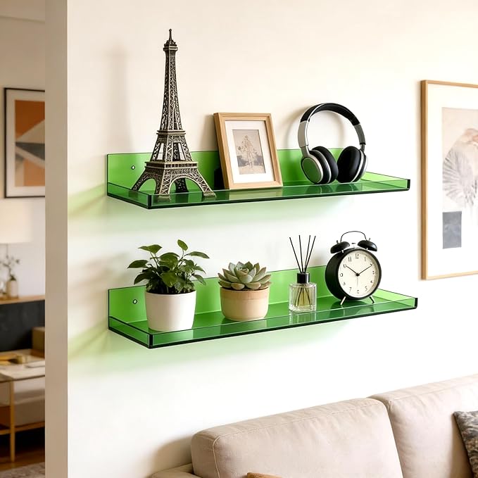 Floating Shelves for Wall Acrylic Wall Shelves for Bedroom Bathroom Living Room Kitchen 16.5X5.5'', Pack of 2, Turquoise Green
