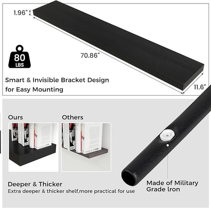 Floating Shelves for Wall 72"W x 11.6"D x 2"H, Long Engineered Wood Wall Shelves with Invisible Brackets for Living Room Bedroom Bathroom Office Kitchen Decor and Storage, Black Finish, Set of 1