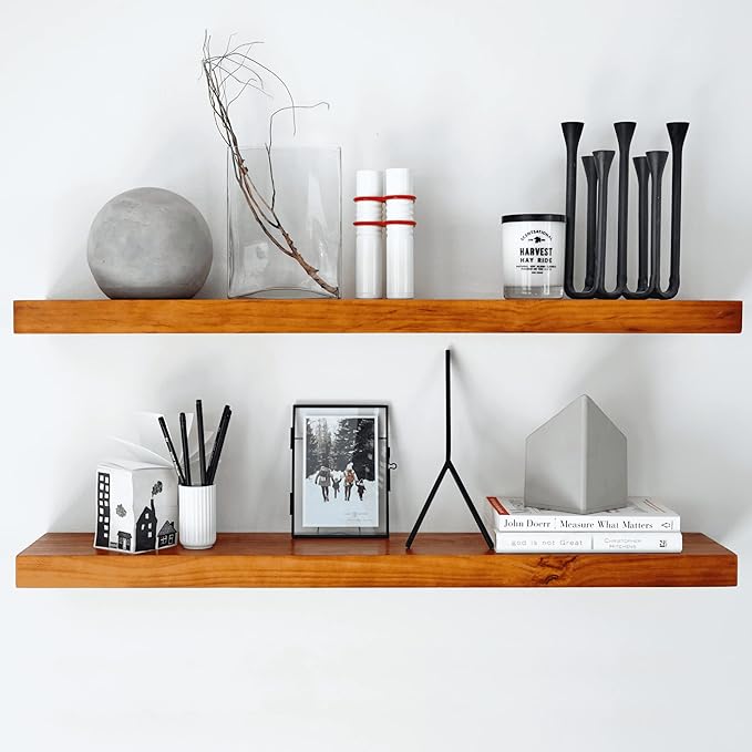 Homeforia Oak Floating Shelves 36 inches Long, High End Solid Real Wood 36 inch Floating Shelf for Room Wall, Honey Oak Wooden 36inch Kitchen Shelves, Heavy Duty Bracket, 36 X 6.5 X 1.75 in, Set of 2