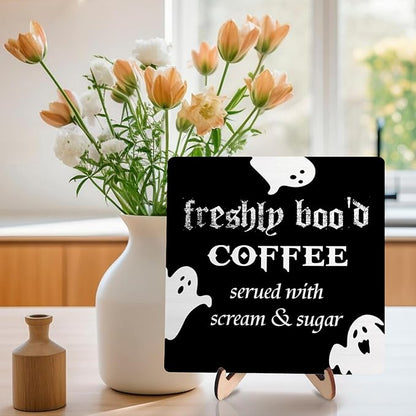 Freshly Boo'd Coffee Wood Sign, Halloween Coffee Bar Decor, Scream Sugar Spooky Season Haunted House Signs Ghosts Fall Shelf Sitter Kitchen Rustic Farmhouse Home Decor Wooden Plaque Sign