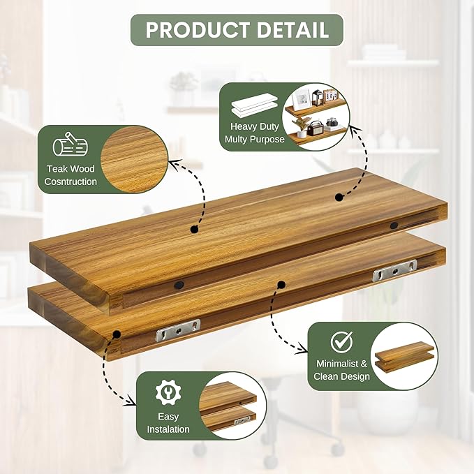 Teak Wood Floating Shelves Perfect for Bathroom Décor Pack of 2 Wooden Wall Shelves for Bedroom Living Room Kitchen Simple Minimalist Home Décor 24” x 6.7