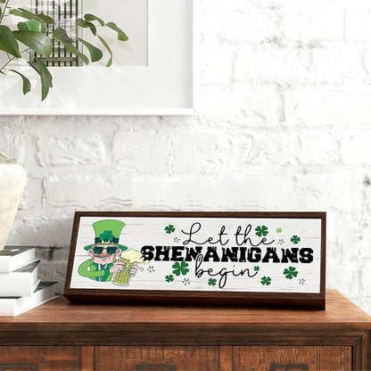 St Patricks Day Decor, Let the Shenanigans Begin Sign, Freestanding Wooden Plaque Sign, Desk Decors Art, Lucky Shamrock Decor, Irish Holiday Decors for Home Office Party, 9.5x3.1x1 inches