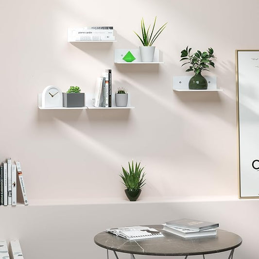 Hexsohoma 9 Inches White Floating Shelves, Acrylic Wall Shelves for Living Room, Bedroom, Bathroom, Kitchen, Office, Brand Store, Retails, Gaming Room, 4 Pack