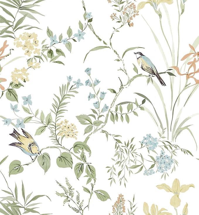 Erfoni 16.9" x197" Modern Floral and Birds Wallpaper Flower Removable Peel and Stick Wallpaper for Bedroom Decorative Self Adhesive Wall Paper Boho Floral Leaf Contact Paper for Accent Walls Covering
