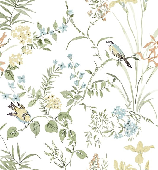Erfoni 16.9" x197" Modern Floral and Birds Wallpaper Flower Removable Peel and Stick Wallpaper for Bedroom Decorative Self Adhesive Wall Paper Boho Floral Leaf Contact Paper for Accent Walls Covering