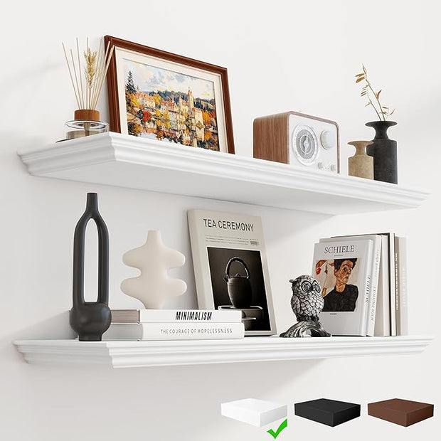Fun Memories Floating Shelves 36 Inch Long, 9.3 Inch Deep Classic Crown Molding Floating Shelves for Wall, Rustic Wooden Shelves for Wall Decor Bathroom, Kitchen, Office, (White, 2Pack)