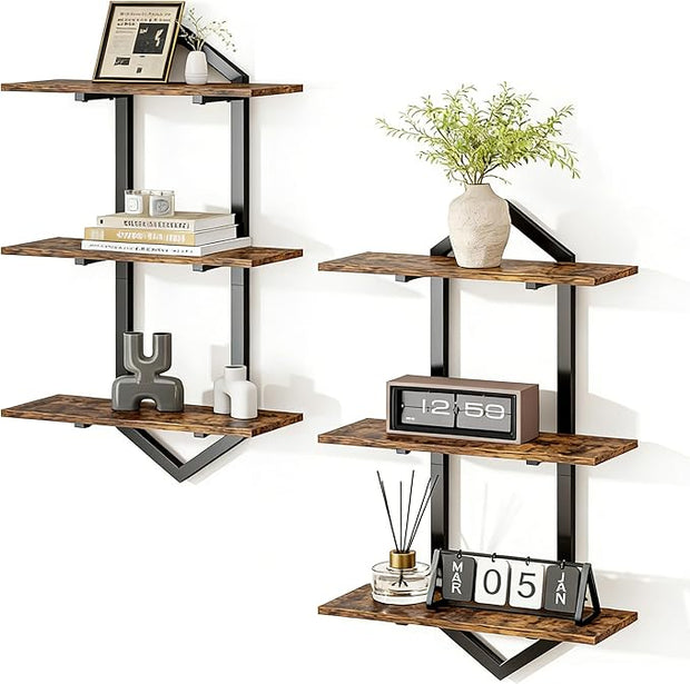 3 Tier Floating Shelves, Set of 2 Wall Shelves for Living Room, Modern Geometric Wooden Shelf for Wall Decor, Hanging Storage Shelf for Bedroom Bathroom Kitchen Home Office (Rustic Brown)
