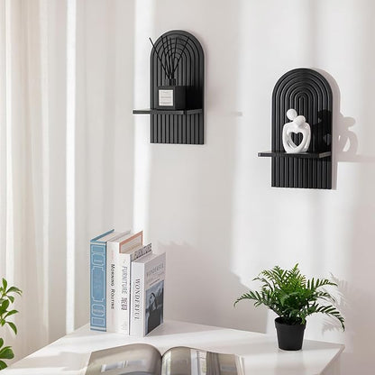 Black Boho Floating Shelves: Decorative Wall Shelves Display Plants Small Items Mid Century Modern MCM Wall Decor