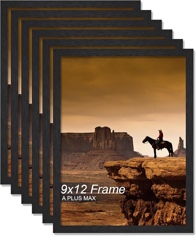 A PLUS MAX 9x12 Picture Frame Set of 6, Black Engineered Wood Frame for 9 x 12 Inch Picture Poster Photo, Light Weight 9 by 12 Frame with Wood-grain for Wall - 6 Pack/Black/9